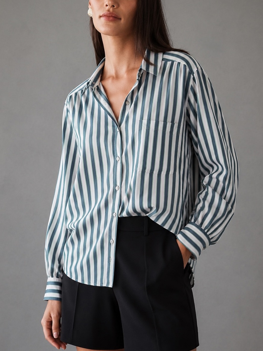 Jane and Delancey Striped Green White Button Up Long Sleeve Button Back Shirt 2X